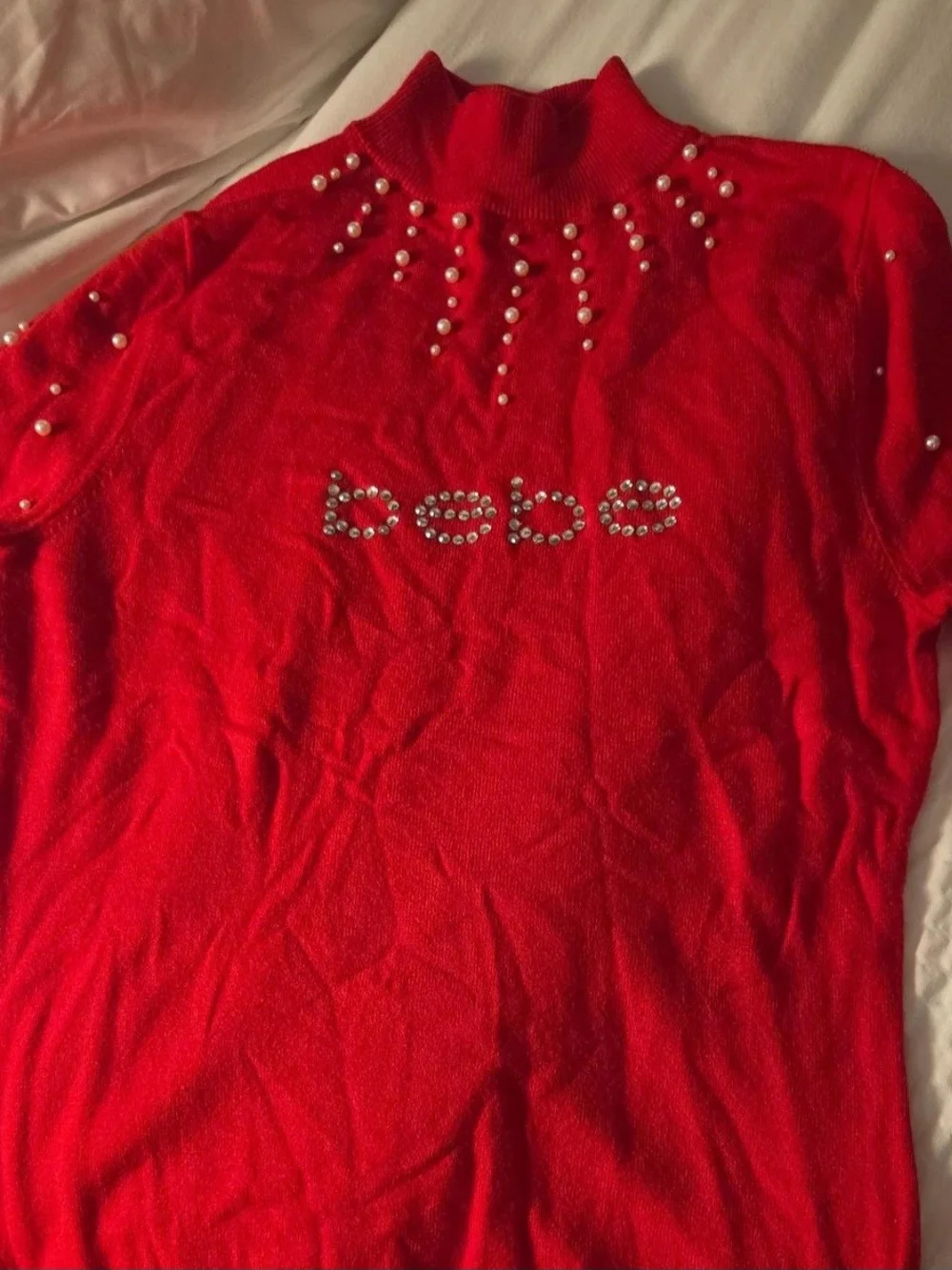 Bebe Red Embellished Mock Neck Sweater Size Small